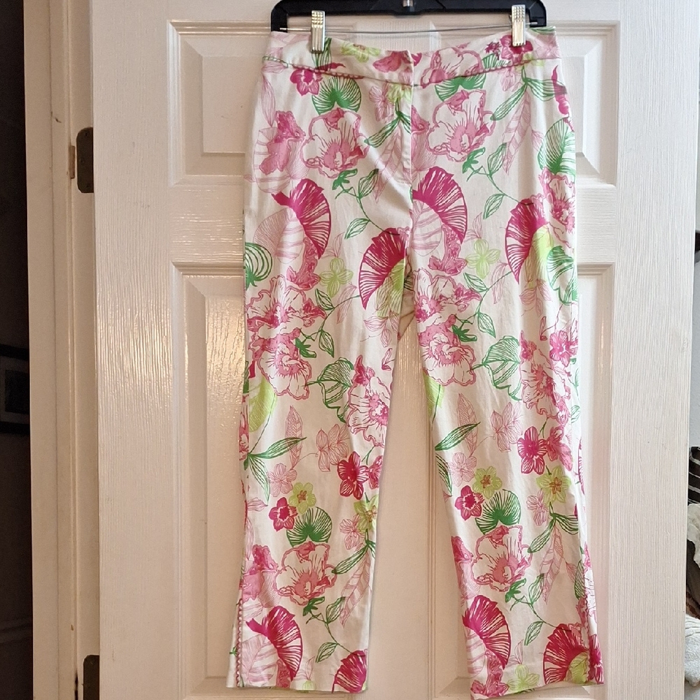 Island Republic White Floral Capri Pants with Pink & Green Print